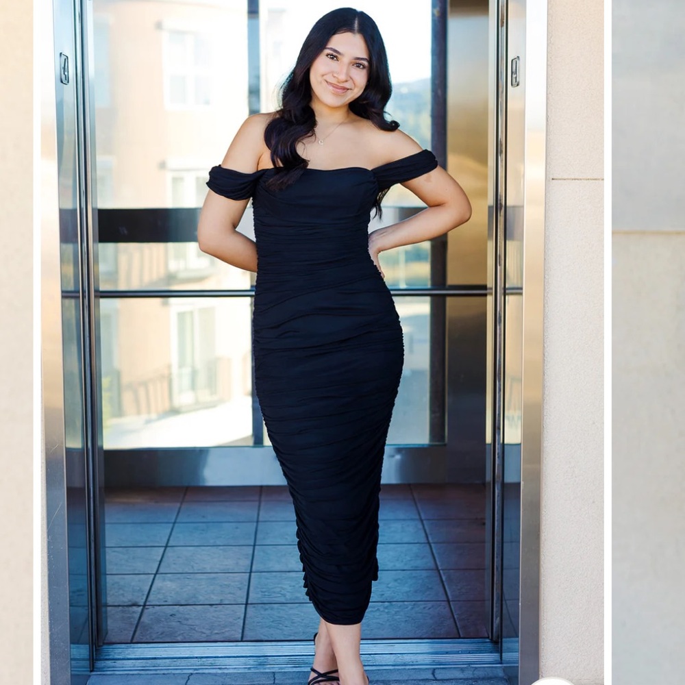 NWT Club London Off Shoulder Black Ruched Bodycon Midi Dress